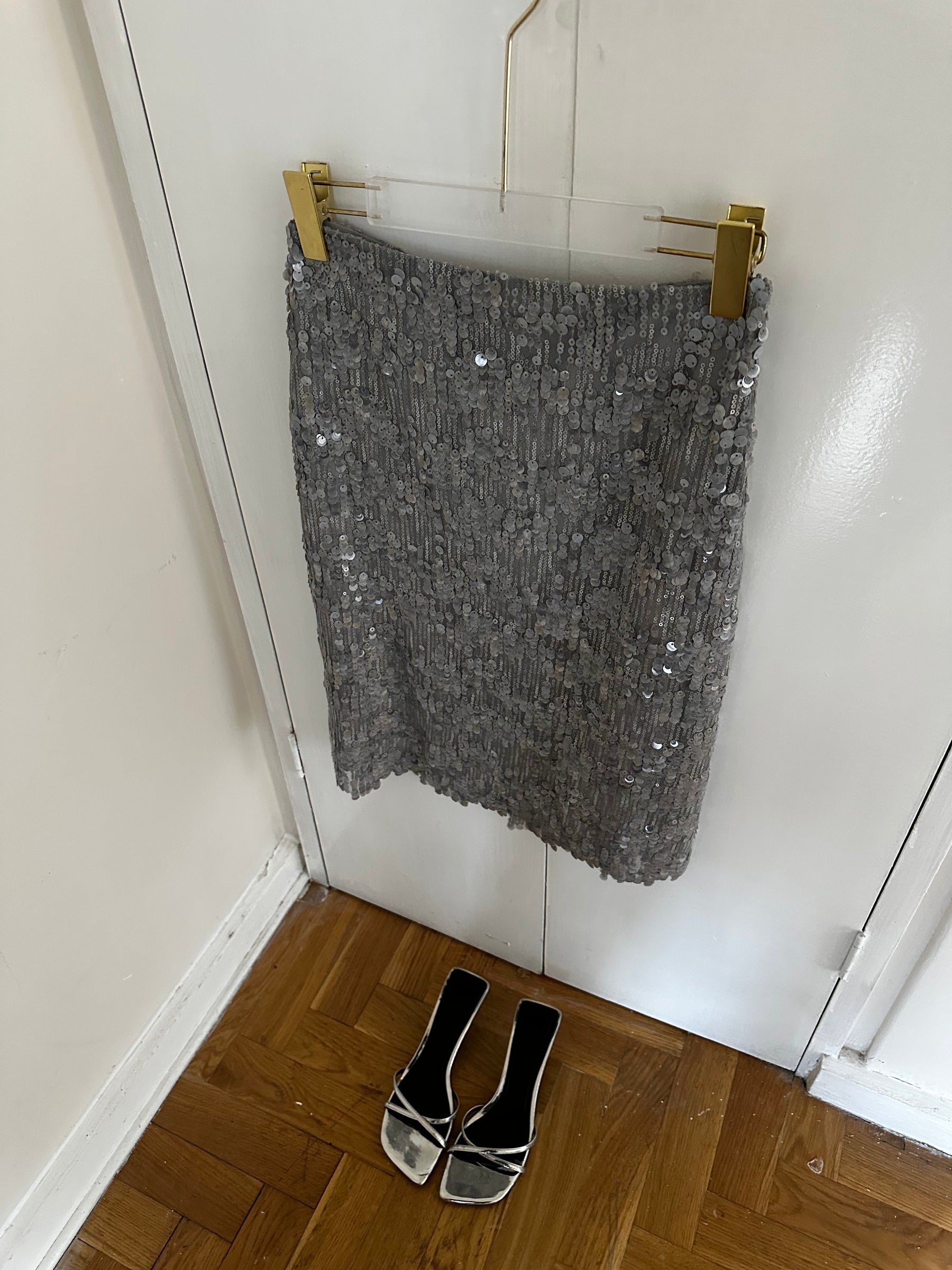 An Avoir look: white ribbed tank, crescent shoulder bag and sequin skirt